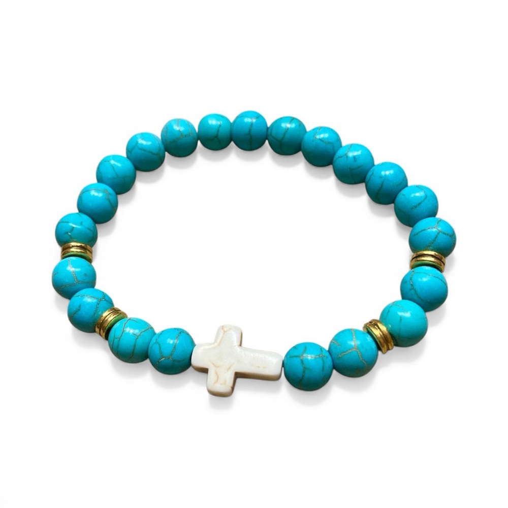 BOUTIQUE Faux Turquoise Beaded Cross Bracelet